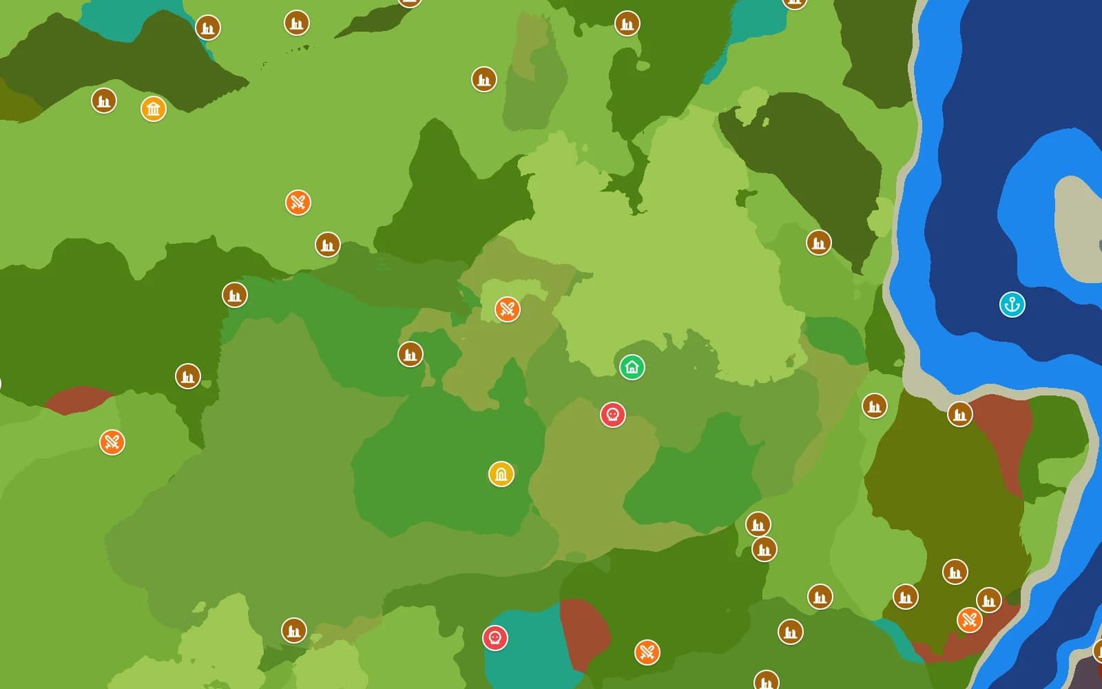Hytale 0.7 seed map for seed 12345 showing biomes, the world spawn, the temple portal and structure markers