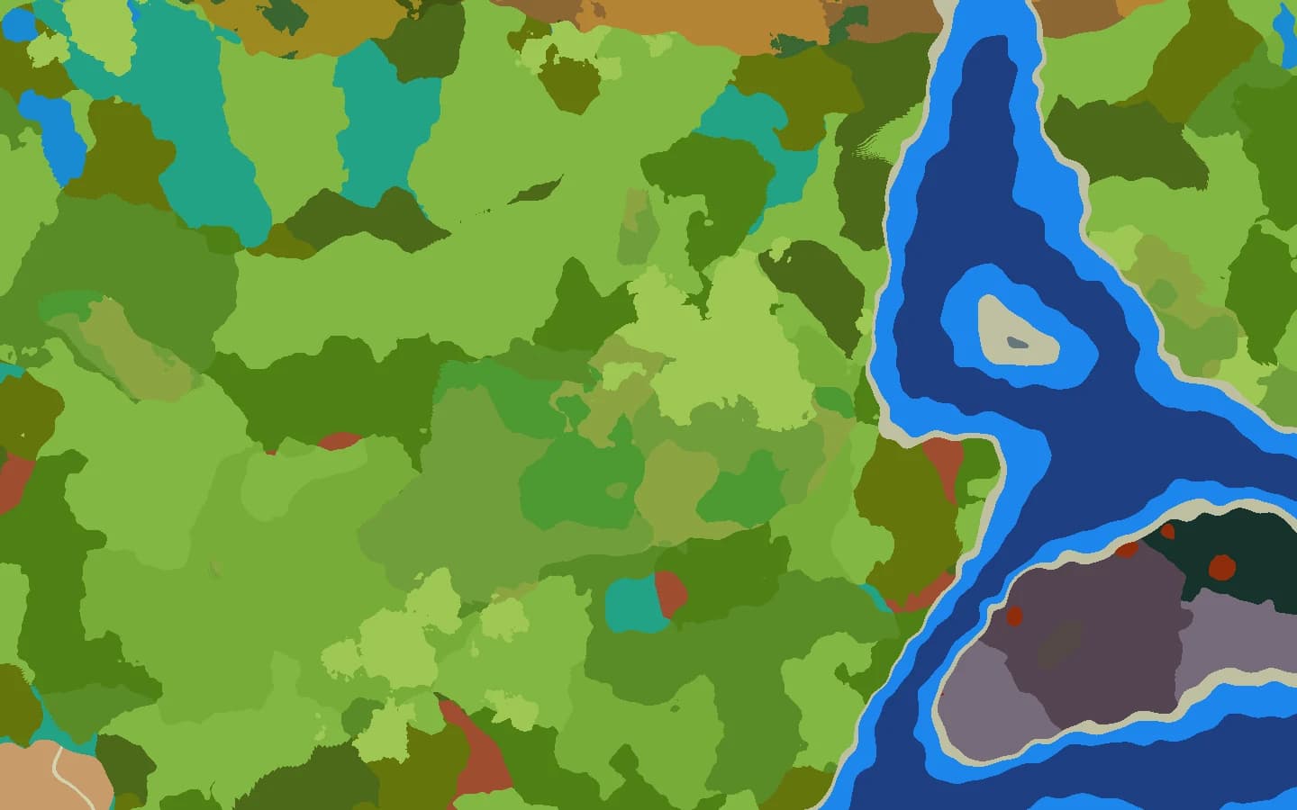 Hytale 0.7 biome map for seed 12345 showing forests, plains, a lake, a volcanic region and the ocean in different colours