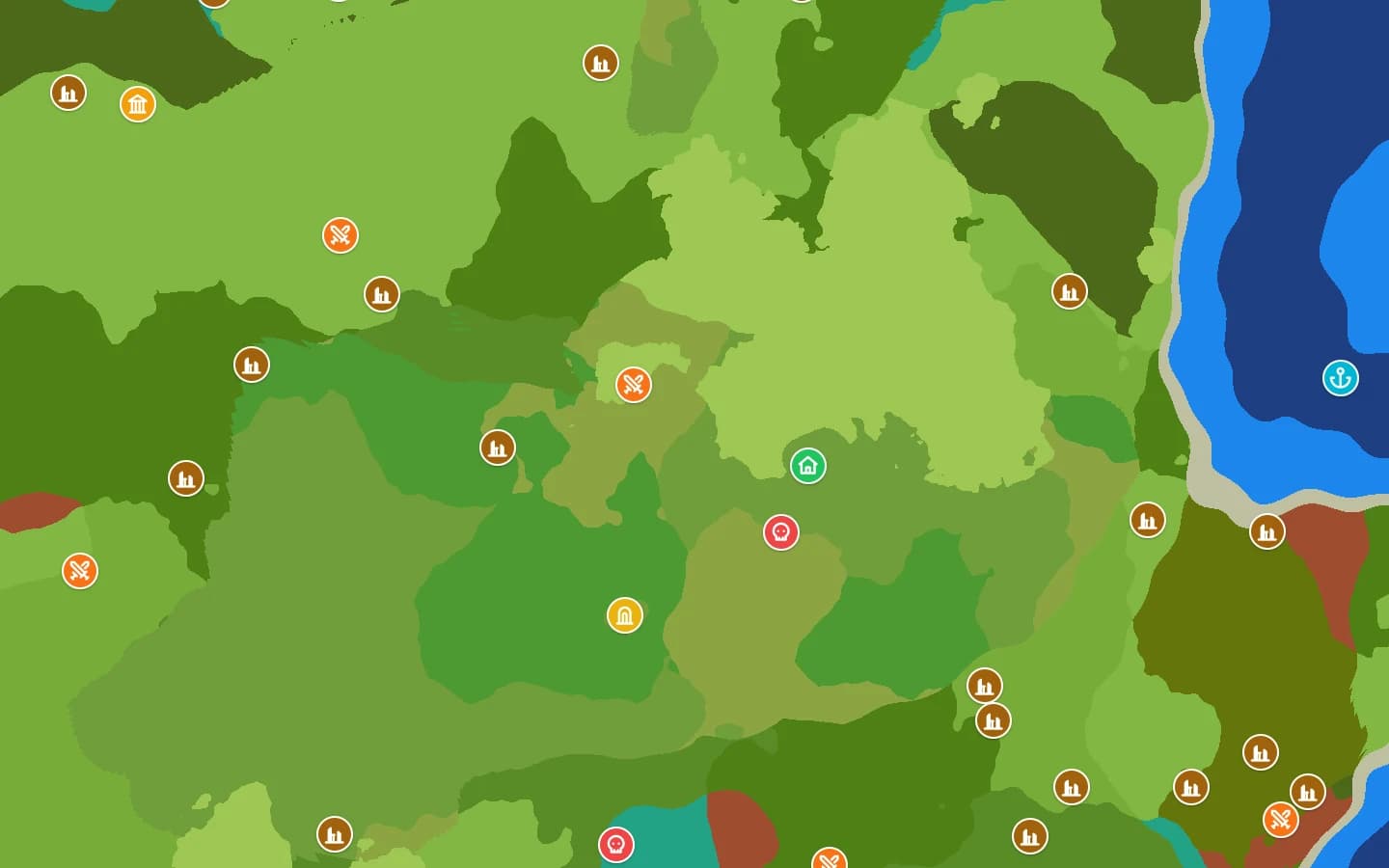 Hytale 0.7 seed map for seed 12345 showing challenge dungeons, temple entrances, encounters, ruins and the world spawn