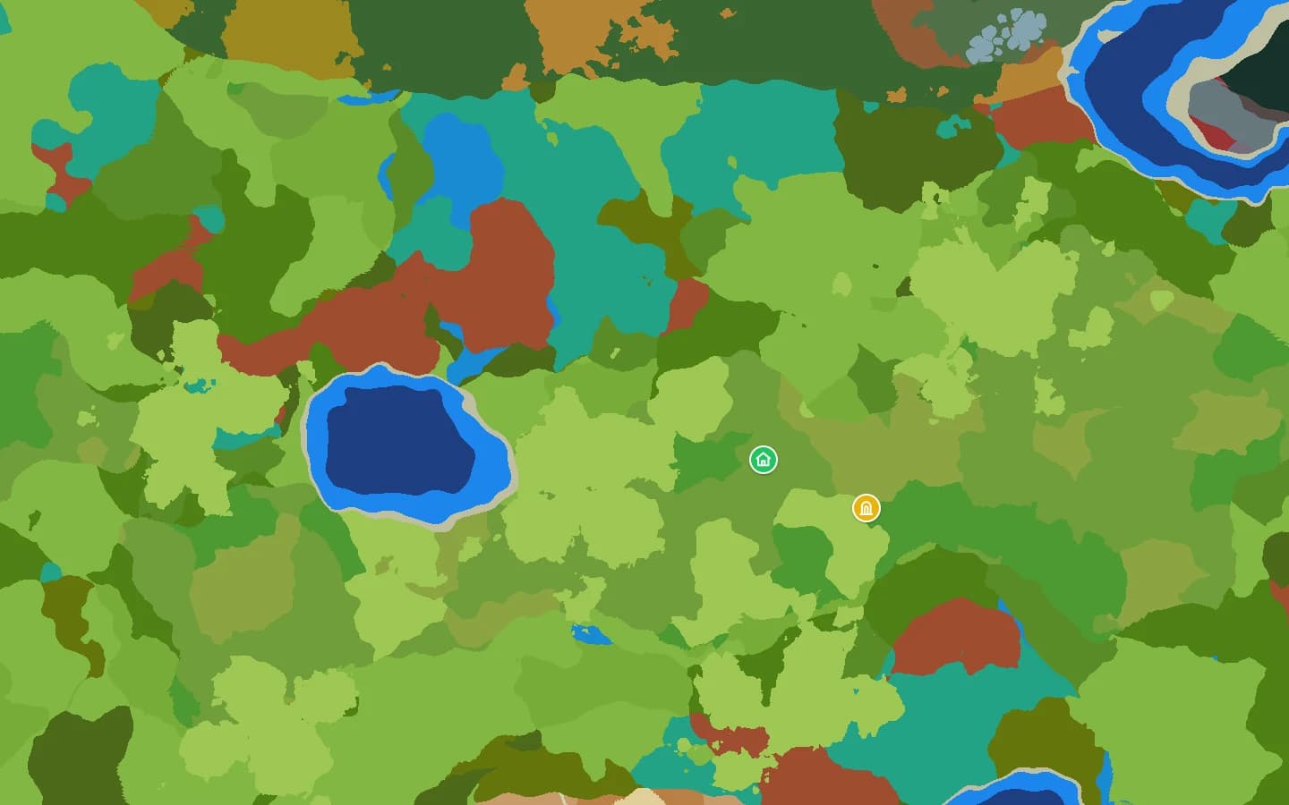 Hytale 0.7 seed map preview for seed -48291 showing forests, plains, a lake, and the world spawn and temple portal