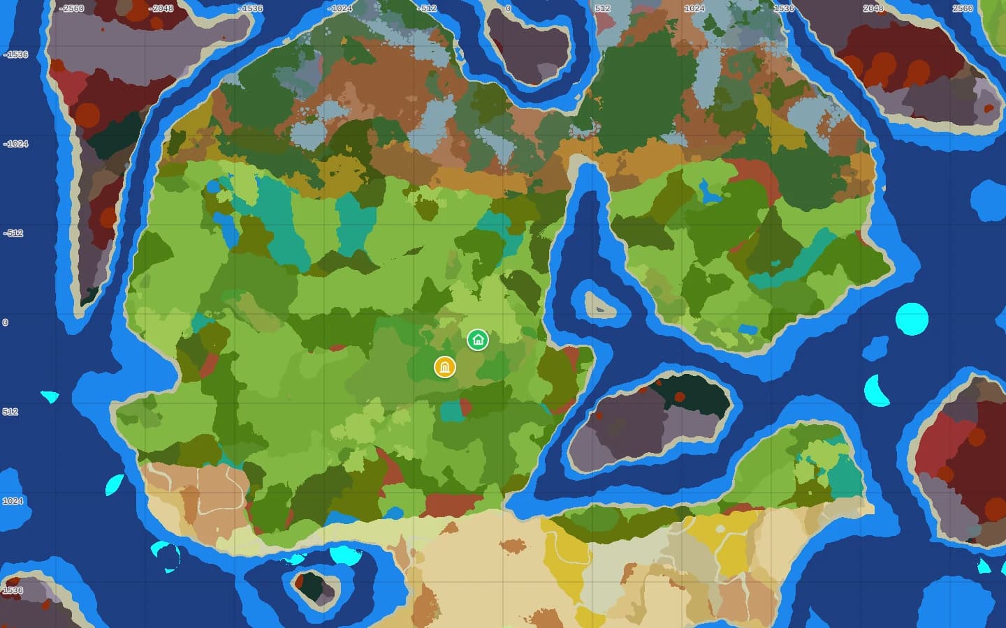 Hytale 0.7 seed map for seed 12345 zoomed out to 5,760 blocks across, with the coordinate grid and the spawn and temple portal marked