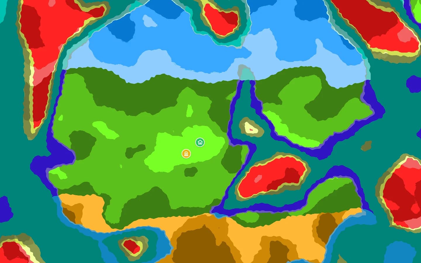 Hytale 0.7 zone map for seed 12345 showing the four land zones and the ocean, with the world spawn and temple portal marked