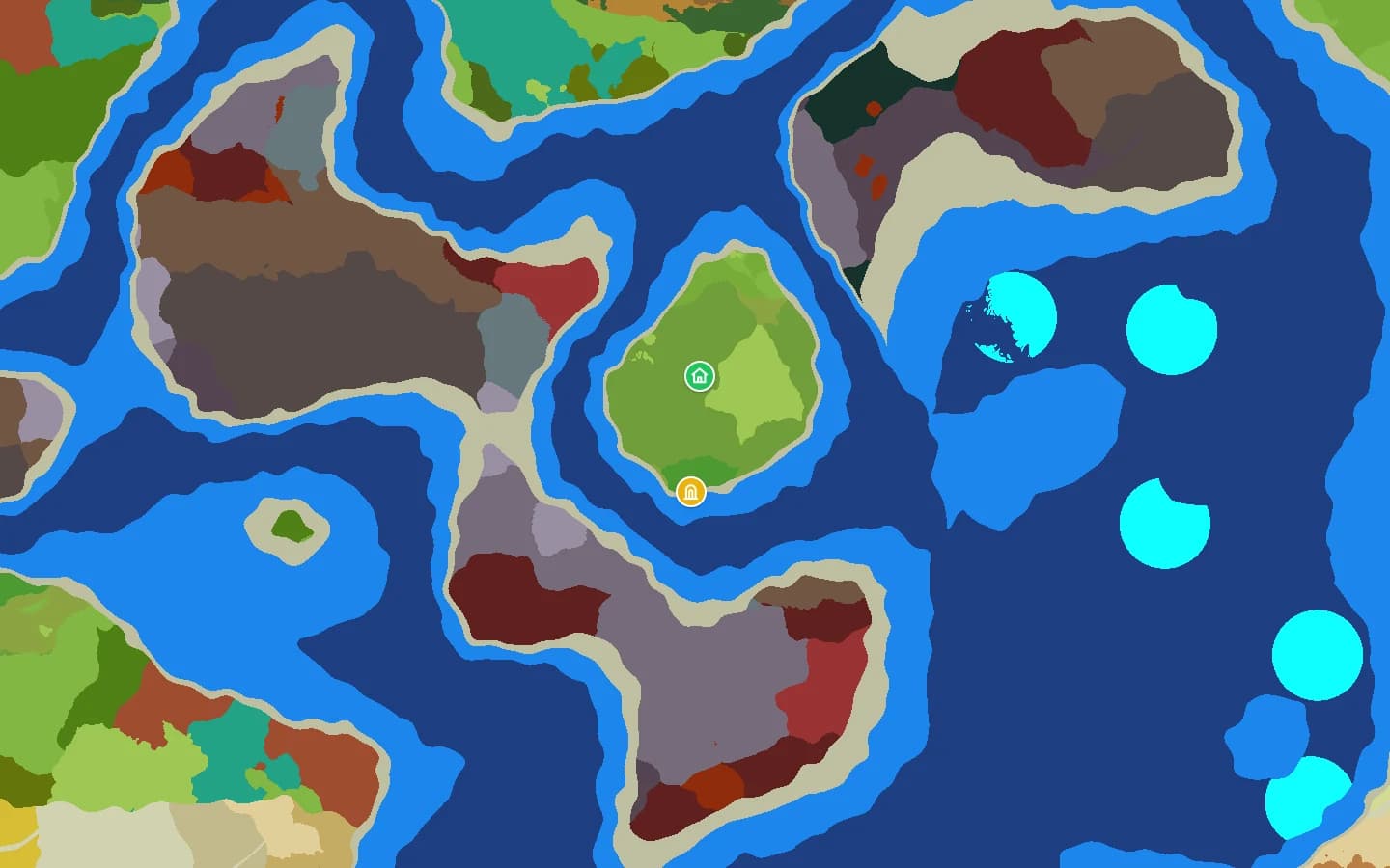 Seed map of Hytale seed 2108813 around the spawn: a house marker for the world spawn in the middle of a small green island and the spawn temple portal at its southern tip, surrounded by deep water and mountain islands