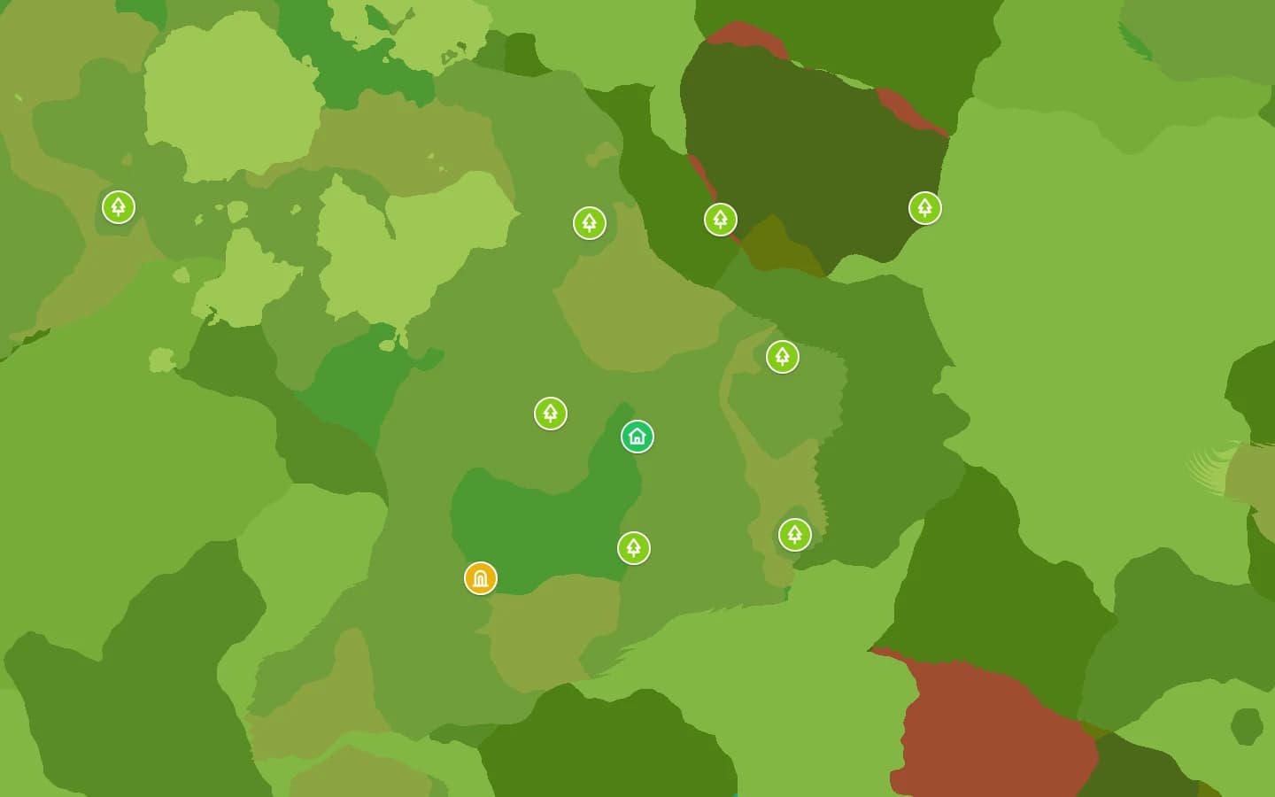 Seed map of Hytale seed 3983477 around the spawn: a house marks the spawn, an arch the temple portal and trees the Kweebec camps