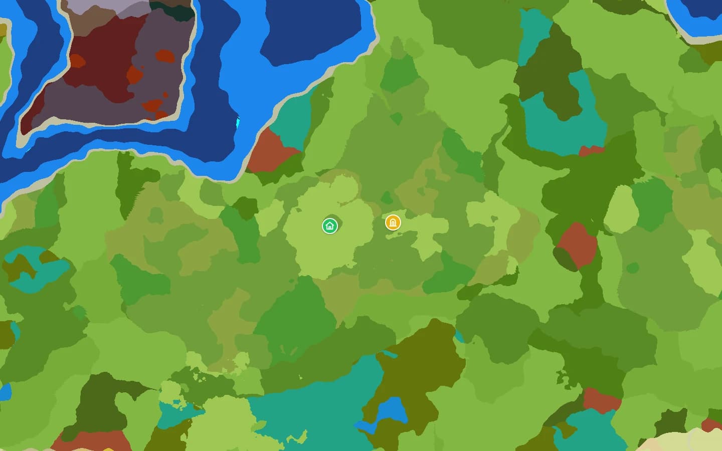 Seed map of Hytale seed 4730914 around the spawn: a house marker for the world spawn with the spawn temple portal a short way east, on green plains with a lake to the north-west