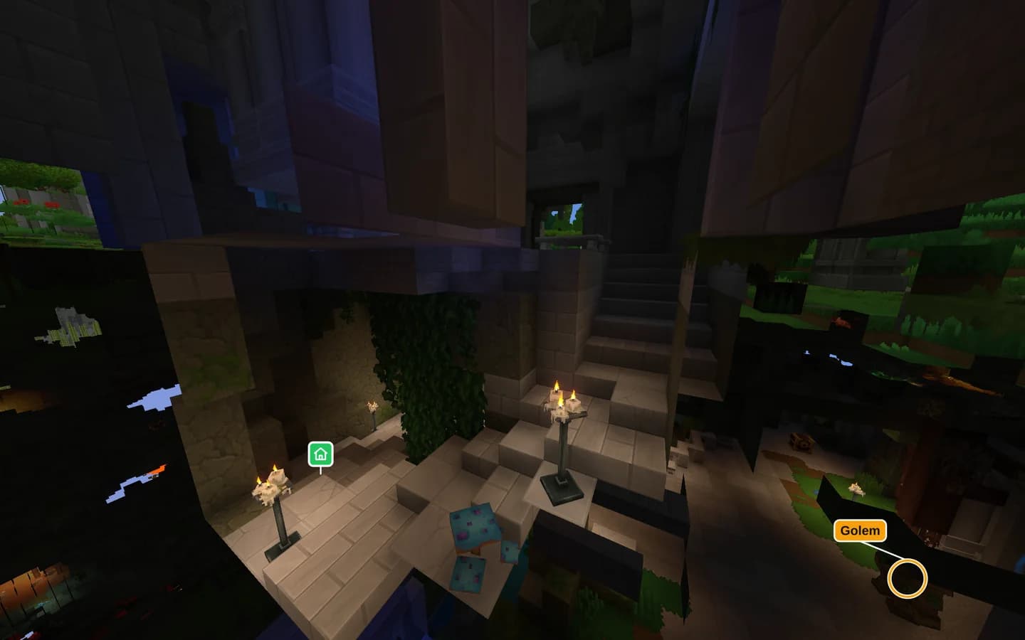 In-game view inside the spawn temple of Hytale seed 191551 with candles, vines and stone stairs; a house icon marks the world spawn and a ring marks a golem in the room below