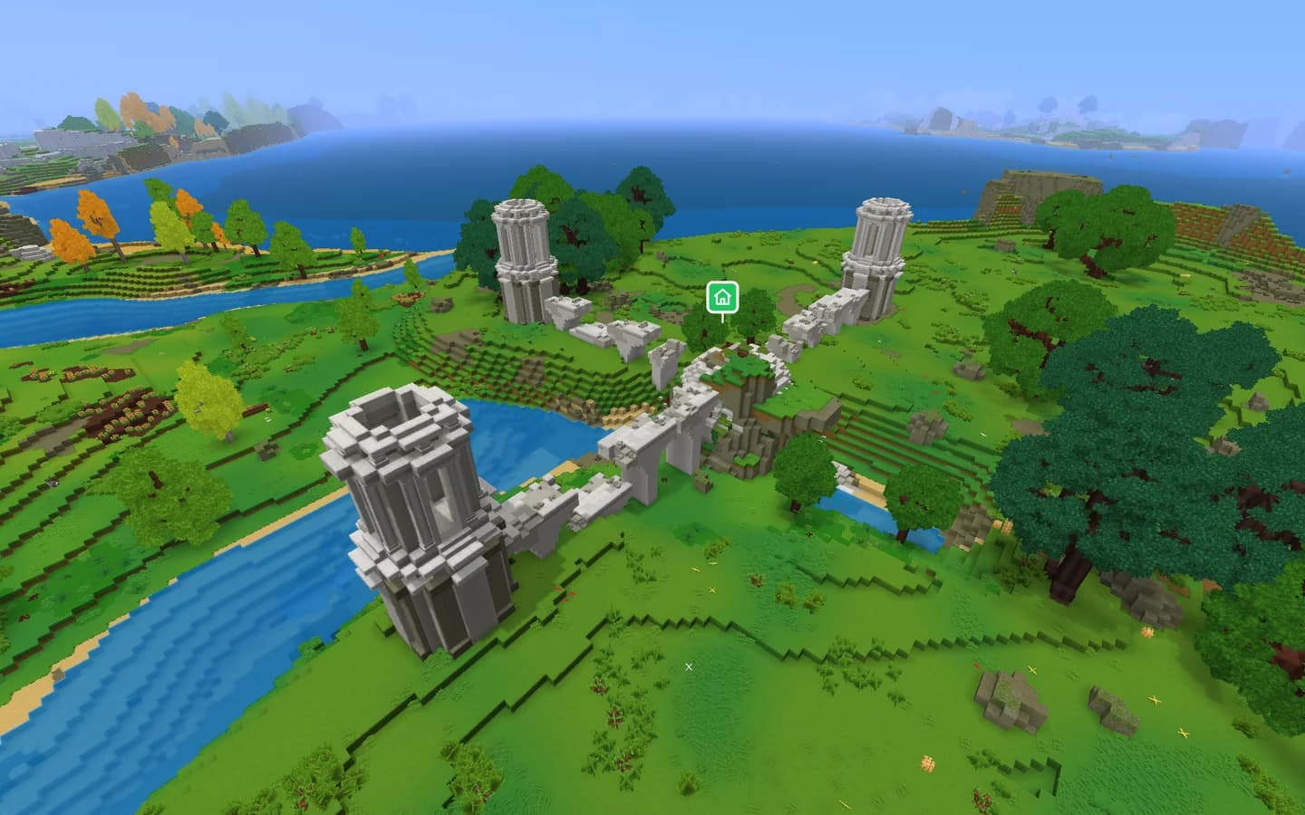 Aerial in-game screenshot of Hytale seed 191551 showing the long ruined temple with its towers across a river, with the world spawn marked by a house icon on the temple