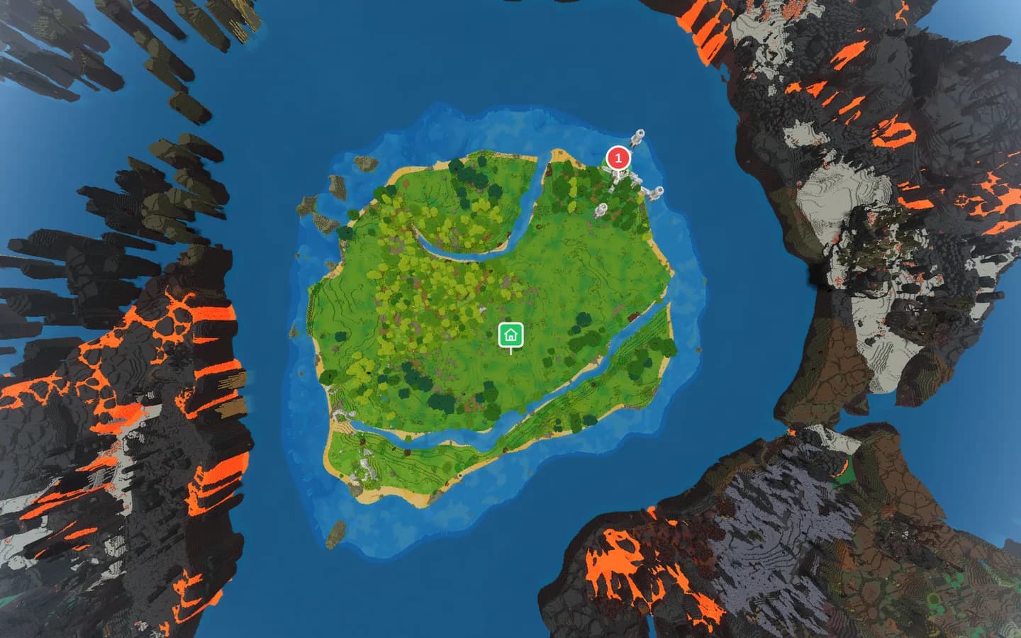 Aerial in-game screenshot of Hytale seed 2108813 looking straight down at a small green island in the sea, with the world spawn marked by a house icon in the middle and the spawn temple numbered 1 at the north-east tip, with lava mountains around it