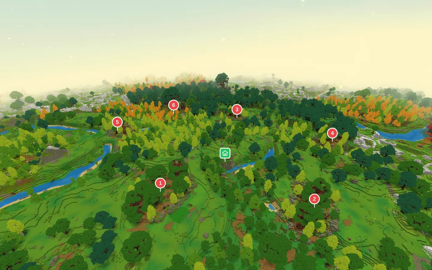 Aerial in-game screenshot of Hytale seed 3983477 with the world spawn marked by a house icon and the six Kweebec camps numbered 1 to 6 among forest, rivers and autumn trees