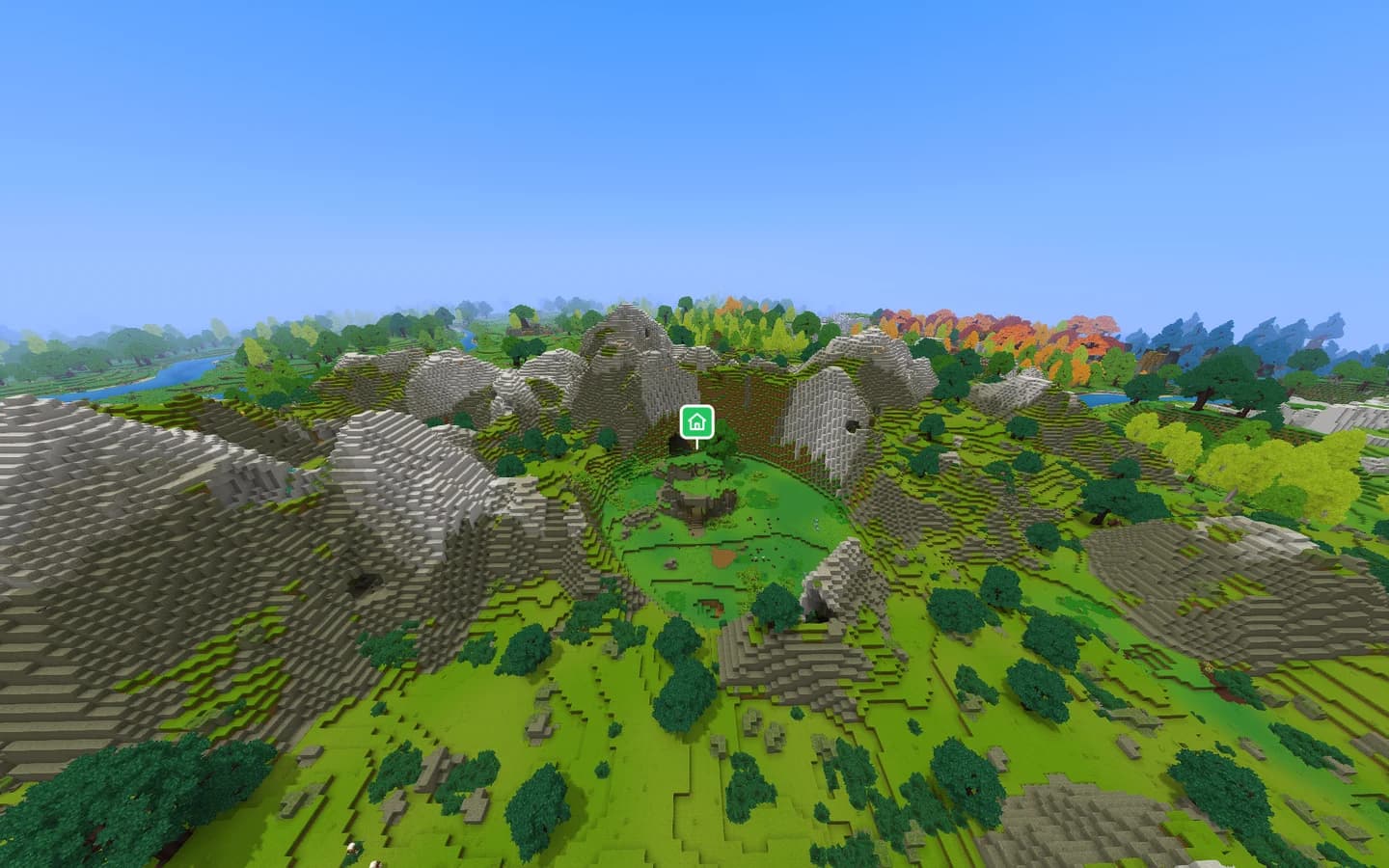 Aerial in-game screenshot of Hytale seed 4730914 looking over a green bowl ringed by grey mountains, with the world spawn marked by a house icon in the middle of the bowl